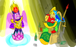 Size: 1600x1000 | Tagged: safe, artist:horsesplease, character:gallus, character:pipp petals, character:sprout, species:pegasus, rabydosverse, g4, g5, alternate universe, armor, bottle, chair, clothing, crowing, crown, drunk, emperor, emperor sprout, fantasy, gallus the rooster, goddess, helmet, immortal, jewelry, khopesh, mythology, pipp wings, regalia, robe, sad sprout, sarmelonid, scribe, sleeping, spear, spider web, spinel, sword, this will end in death, throne, tomb, vozonid, water lily, weapon