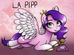 Size: 2732x2048 | Tagged: safe, artist:toastpone, character:pipp petals, species:pegasus, species:pony, g5, my little pony: a new generation, cloud, coat markings, colored eyebrows, colored hooves, ear fluff, female, grin, hooves, la pipp, label, looking at you, lying down, mare, parfum la pipp, perfume, pipp wings, princess petals, signature, smiling, smiling at you, socks (coat marking), solo, spread wings, text, unshorn fetlocks, wings