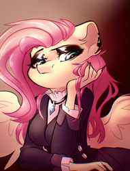 Size: 1536x2008 | Tagged: safe, artist:dodsie, character:fluttershy, species:anthro, species:pegasus, species:pony, g4, choker, clothing, ear piercing, eyeshadow, female, fluttergoth, goth, gradient background, jewelry, makeup, mare, necklace, piercing, skirt, solo