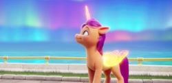 Size: 1939x938 | Tagged: safe, screencap, character:sunny starscout, species:alicorn, species:pony, g5, my little pony: a new generation, alicornified, artificial horn, artificial wings, augmented, aurora, aurora australis, aurora borealis, female, floppy ears, folded wings, magic horn, magic wings, mare, maretime bay, profile, race swap, solo, sunnycorn, wings
