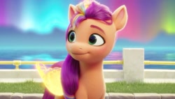 Size: 1643x933 | Tagged: safe, screencap, character:sunny starscout, species:alicorn, species:pony, g5, my little pony: a new generation, alicornified, artificial horn, artificial wings, augmented, aurora, aurora australis, aurora borealis, female, folded wings, magic horn, magic wings, mare, maretime bay, multicolored hair, race swap, solo, sunnycorn, wings