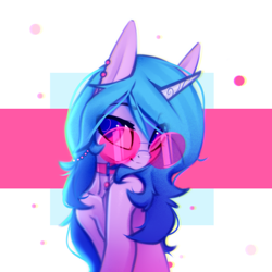 Size: 1228x1228 | Tagged: safe, artist:justafallingstar, character:izzy moonbow, species:pony, species:unicorn, g5, my little pony: a new generation, abstract background, bust, choker, colored, colored sketch, cute, eye clipping through hair, eyebrows, eyebrows visible through hair, female, glasses, gradient mane, head turned, izzybetes, jewelry, looking at you, mare, multicolored hair, necklace, piercing, pink glasses, portrait, round glasses, sketch, smiling, solo