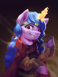 Size: 1975x2617 | Tagged: safe, artist:vanillaghosties, character:izzy moonbow, species:pony, species:unicorn, g5, my little pony: a new generation, anime, clothing, colored hooves, costume, crossover, digital art, dio brando, female, glowing horn, gradient hair, grin, halloween, halloween costume, holiday, hooves, horn, jojo's bizarre adventure, looking at you, magic, mare, multicolored hair, nightmare night, nightmare night costume, raised hoof, smiling, solo, unshorn fetlocks