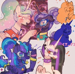 Size: 1024x1002 | Tagged: safe, artist:feathhhngg, character:princess celestia, character:princess luna, species:alicorn, species:pony, g4, 80's luna, annoyed, blushing, bracelet, collar, doodle, doodles, ear piercing, earring, excited, female, floral shirt, jewelry, piercing, punlestia, sparkles, spiked collar, wristband