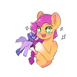 Size: 650x650 | Tagged: safe, artist:matcha_nekochan, character:sunny starscout, character:twilight sparkle, character:twilight sparkle (alicorn), species:alicorn, species:earth pony, species:pony, g4, g5, my little pony: a new generation, braid, coat markings, colored hooves, colored pupils, cute, ear fluff, female, hooves, mare, open mouth, simple background, socks (coat marking), solo, sparkles, starry eyes, sunny and her heroine, sunnybetes, unshorn fetlocks, white background, wingding eyes