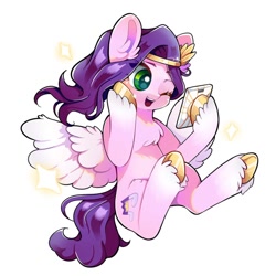Size: 650x650 | Tagged: safe, artist:matcha_nekochan, character:pipp petals, species:pegasus, species:pony, g5, my little pony: a new generation, adorapipp, cellphone, chest fluff, circlet, coat markings, colored hooves, colored pupils, cute, ear fluff, eyebrows, eyebrows visible through hair, female, hoof hold, hooves, mare, one eye closed, open mouth, phone, pipp wings, simple background, socks (coat marking), solo, unshorn fetlocks, white background, wings