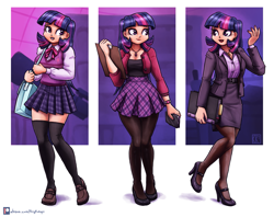 Size: 2523x2000 | Tagged: safe, artist:king-kakapo, character:twilight sparkle, species:human, g4, bag, business suit, clipboard, clothing, dress, female, high heels, humanized, jacket, jewelry, necklace, pantyhose, plaid skirt, purse, questionable source, shirt, shoes, skirt, smiling, socks, solo, species swap, stockings, thigh highs, vest