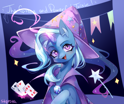 Size: 1250x1050 | Tagged: safe, artist:shpr0ta, character:trixie, species:pony, species:unicorn, g4, banner, card, ear fluff, female, glowing, glowing horn, horn, magic, magic wand, mare, open mouth, playing card, solo, telekinesis, wand