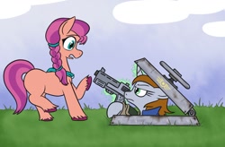 Size: 1088x715 | Tagged: safe, artist:jargon scott, character:sunny starscout, oc, oc:littlepip, species:earth pony, species:pony, species:unicorn, fallout equestria, g5, my little pony: a new generation, 10mm pistol, braid, cloud, colored hooves, crossover, duo, duo female, fallout, female, floppy ears, glowing, glowing horn, grass, green eyes, gun, handgun, hooves, horn, looking at each other, magic, magic aura, mare, open mouth, pipboy, pistol, profile, raised hoof, standing, tail, teal eyes, telekinesis, unicorn oc, unshorn fetlocks, weapon