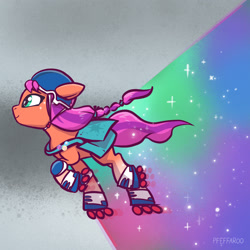 Size: 2048x2048 | Tagged: safe, artist:pfeffaroo, character:sunny starscout, species:earth pony, species:pony, g5, abstract background, bag, braid, cute, female, helmet, mare, motion blur, profile, raised hoof, roller skates, satchel, signature, smiling, solo, starry eyes, sunny's buttons, sunnybetes
