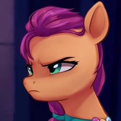 Size: 2800x2800 | Tagged: safe, artist:maren, character:sunny starscout, species:earth pony, species:pony, g5, my little pony: a new generation, angry, braid, bust, female, frown, glare, mare, serious, solo, sunny starscout is not amused, sunny's buttons, three quarter view