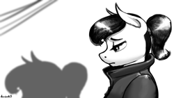 Size: 3920x2204 | Tagged: safe, artist:apocheck13, oc, oc only, oc:elya, species:anthro, g4, black and white, clothing, explicit source, female, grayscale, jacket, mare, monochrome, ponytail, sad, solo