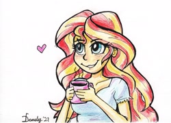 Size: 2039x1471 | Tagged: safe, artist:dandy, character:sunset shimmer, species:eqg human, g4, my little pony:equestria girls, clothing, coffee, coffee mug, colored, colored pencil drawing, colored sketch, drink, female, floating heart, heart, looking sideways, mug, shirt, sketch, smiling, solo, traditional art