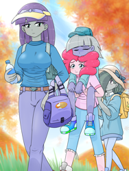 Size: 1668x2224 | Tagged: safe, artist:batipin, character:limestone pie, character:marble pie, character:maud pie, character:pinkie pie, species:eqg human, g4, my little pony:equestria girls, carrying, clothing, equestria girls-ified, female, hat, pie family, species swap