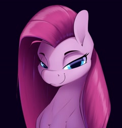 Size: 2973x3092 | Tagged: safe, artist:aquaticvibes, character:pinkamena diane pie, character:pinkie pie, species:earth pony, species:pony, g4, black background, bust, female, looking at you, mare, narrowed eyes, simple background, smiling, smug, solo, straight hair