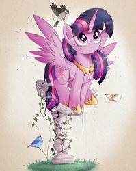 Size: 2700x3400 | Tagged: safe, artist:bugplayer, character:twilight sparkle, character:twilight sparkle (alicorn), species:alicorn, species:bird, species:pony, g4, behaving like a bird, birb, bird bath, chickadee (bird), clothing, cute, female, grass, high res, hoof shoes, jewelry, majestic as fuck, mare, necklace, regalia, shoes, simple background, solo, spread wings, twiabetes, vine, wings