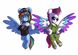 Size: 3947x2791 | Tagged: safe, artist:chub-wub, part of a set, character:rainbow dash, character:zipp storm, species:pegasus, species:pony, g4, g5, my little pony: a new generation, clothing, colored hooves, colored wings, costume, eyebrows, eyebrows visible through hair, female, flying, halloween, halloween costume, holiday, hooves, mare, multicolored wings, simple background, spread wings, unshorn fetlocks, white background, wings