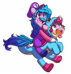 Size: 2683x2791 | Tagged: safe, artist:chub-wub, part of a set, character:izzy moonbow, character:pinkie pie, species:earth pony, species:pony, species:unicorn, g4, g5, my little pony: a new generation, clothing, colored eyebrows, costume, crossover, eyebrows, eyebrows visible through hair, female, gradient hair, halloween, halloween costume, holiday, mare, mario, multicolored hair, nintendo, open mouth, riding a pony, simple background, starry eyes, super mario bros., white background, wingding eyes, yoshi