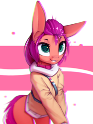 Size: 858x1144 | Tagged: safe, artist:justafallingstar, character:sunny starscout, species:earth pony, species:pony, g5, my little pony: a new generation, abstract background, bag, clothing, colored, colored pupils, colored sketch, female, hoodie, looking at you, mare, one ear down, portrait, sketch, smiling, solo, sunny's buttons