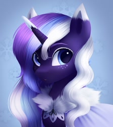 Size: 778x874 | Tagged: safe, artist:_ladybanshee_, oc, oc only, oc:frosty lavender, species:pony, species:unicorn, g4, big eyes, bust, clothing, coat, cute, digital painting, female, freckles, lineless, mare, multicolored hair, ocbetes, painting, portrait, simple background, snow, snowflake, solo, three quarter view