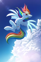 Size: 2000x3000 | Tagged: safe, artist:ask-colorsound, character:rainbow dash, species:pegasus, species:pony, g4, cloud, crepuscular rays, ear fluff, female, flying, high res, looking at you, mare, sky, smiling, solo, spread wings, wings