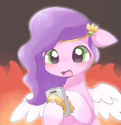 Size: 1483x1534 | Tagged: safe, artist:ginmaruxx, character:pipp petals, species:pegasus, species:pony, g5, adorable distress, blushing, cellphone, circlet, cute, female, fire, floppy ears, hoof hold, mare, open mouth, phone, pipp wings, smartphone, solo, spread wings, sweat, sweatdrops, wings