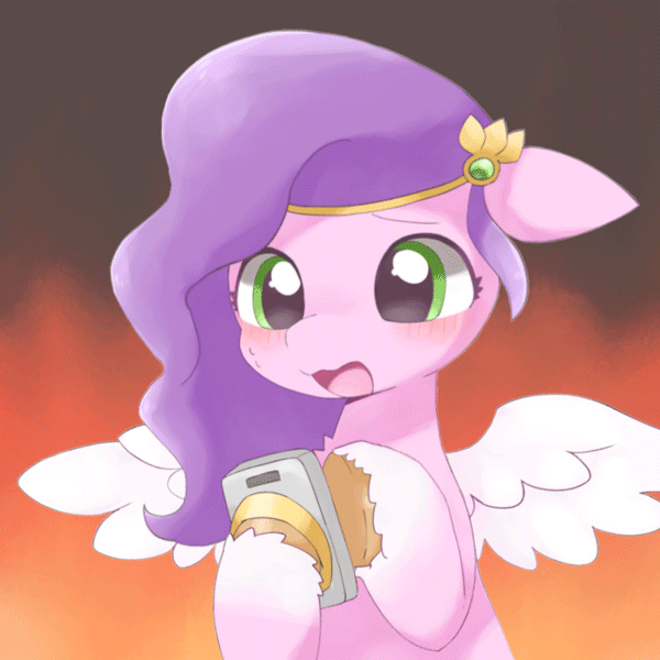 Size: 600x600 | Tagged: safe, artist:ginmaruxx, artist:szafir87, character:pipp petals, species:pegasus, species:pony, g5, my little pony: a new generation, adorable distress, adorapipp, animated, blushing, cellphone, circlet, cute, fire, flapping wings, floppy ears, gif, open mouth, phone, pipp wings, smartphone, solo, sweat, sweatdrops, szafir87 is trying to murder us, wings