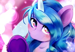 Size: 1200x838 | Tagged: safe, artist:kurogewapony, character:izzy moonbow, species:pony, species:unicorn, g5, blushing, colored eyebrows, colored hooves, eyebrows, female, gradient hair, hoof heart, hooves, looking at you, mare, multicolored hair, simple background, solo, underhoof