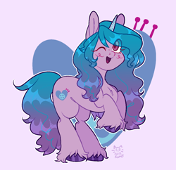 Size: 640x620 | Tagged: safe, artist:nullkunst, character:izzy moonbow, species:pony, species:unicorn, g5, blushing, female, gradient hair, mare, missing accessory, multicolored hair, one eye closed, open mouth, rearing, simple background, solo, unshorn fetlocks, wink