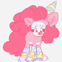 Size: 640x638 | Tagged: safe, artist:sillygirlie, character:pinkie pie, species:earth pony, species:pony, g4, clothing, clown makeup, clown nose, cute, ear fluff, eyes closed, female, hat, laughing, mare, open mouth, party hat, roller skates, simple background, socks, solo, white background, xd