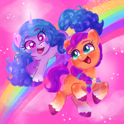 Size: 640x640 | Tagged: safe, artist:cosmicponye, character:izzy moonbow, character:sunny starscout, species:earth pony, species:pony, species:unicorn, g5, blushing, braid, buttons, cute, female, gradient hair, mare, missing accessory, multicolored hair, open mouth, rainbow, sash, simple background, sparkles, unshorn fetlocks, wingding eyes