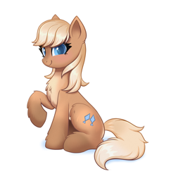 Size: 3659x3757 | Tagged: safe, artist:confetticakez, oc, oc:salmon run, species:earth pony, species:pony, g4, chest fluff, cute, female, fluffy, mare, simple background, sitting, smiling, solo, white background, yakutian horse