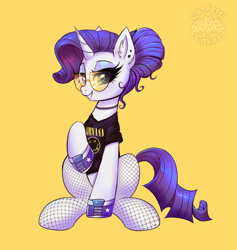 Size: 2841x3000 | Tagged: safe, artist:confetticakez, character:rarity, species:pony, species:unicorn, g4, alternate hairstyle, choker, clothing, converse, female, fishnets, grin, jewelry, mane bun, mare, necklace, nirvana, piercing, raised hoof, shirt, shoes, simple background, sitting, smiling, sneakers, solo, stockings, sunglasses, t-shirt, thigh highs