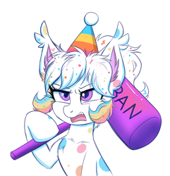 Size: 3738x3884 | Tagged: safe, artist:confetticakez, oc, oc only, oc:confetti cupcake, species:bat pony, species:pony, g4, angry, ban hammer, bat pony oc, clothing, confetti in mane, cute little fangs, ear fluff, fangs, female, hammer, hat, mare, open mouth, party hat, ponytail, sharp teeth, solo