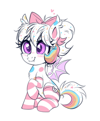 Size: 1547x1870 | Tagged: safe, artist:confetticakez, oc, oc only, oc:confetti cupcake, species:bat pony, species:pony, g4, bat pony oc, blushing, bow, clothing, cute little fangs, ear fluff, fangs, filly, heart, ponytail, sharp teeth, simple background, sitting, socks, solo, white background, young