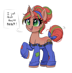 Size: 3313x3372 | Tagged: safe, artist:confetticakez, oc, oc only, oc:jeanie, species:pony, species:unicorn, g4, belt, bow, clothing, dialogue, female, headband, jeans, mane bun, mare, open mouth, pants, patches, raised hoof, simple background, solo, unicorn oc, white background