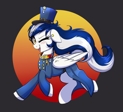 Size: 4743x4320 | Tagged: safe, artist:confetticakez, oc, oc only, oc:jet stream, species:pegasus, species:pony, g4, abstract background, blushing, clothing, ear piercing, earring, female, hat, jewelry, mare, military, military uniform, one eye closed, open mouth, piercing, smiling, solo, uniform, wings, wink