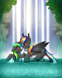 Size: 2160x2683 | Tagged: safe, artist:confetticakez, oc, oc only, species:alicorn, species:pegasus, species:pony, g4, blushing, colored hooves, colored wings, commission, cute, duo, ear fluff, female, floppy ears, grin, high res, hoof under chin, hooves, lidded eyes, looking at each other, lying down, male, mare, multicolored wings, ocbetes, profile, prone, rock, shipping, smiling, spread wings, stallion, stone, straight, swimming, two toned wings, unshorn fetlocks, water, waterfall, wings