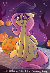 Size: 2625x3777 | Tagged: safe, artist:graphene, character:fluttershy, species:pegasus, species:pony, g4, clothing, cute, dialogue, eye clipping through hair, eyebrows, eyebrows visible through hair, female, floppy ears, folded wings, food, halloween, hat, high res, holiday, jack-o-lantern, looking at you, mare, open mouth, open smile, outdoors, pumpkin, shyabetes, sitting, smiling, solo, stray strand, talking to viewer, three quarter view, wings, witch hat