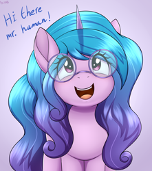 Size: 3000x3400 | Tagged: safe, artist:an-tonio, character:izzy moonbow, species:pony, species:unicorn, g5, my little pony: a new generation, blushing, cute, dialogue, female, full face view, glasses, gradient mane, gradient tail, high res, implied human, lavender background, looking at you, looking up, looking up at you, mare, multicolored hair, open mouth, open smile, round glasses, simple background, smiling, solo