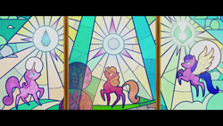 Size: 1920x1080 | Tagged: safe, screencap, species:earth pony, species:pegasus, species:pony, species:unicorn, g5, my little pony: a new generation, crystal, earth pony crystal, lore, pegasus crystal, profile, stained glass, unicorn crystal, unity crystal