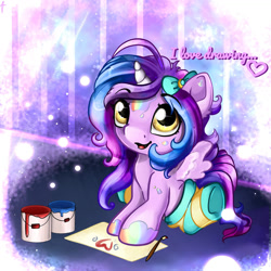 Size: 1280x1281 | Tagged: safe, artist:appleneedle, oc, oc only, oc:tally, species:alicorn, species:pony, g4, art, character, clothing, creativity, digital, draw, drawing, dream, fanart, heart, hobby, looking at you, love, magic, paint, painting, sitting, socks, solo, spread wings, wings