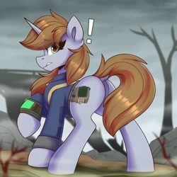 Size: 1750x1750 | Tagged: safe, artist:shadowreindeer, oc, oc only, oc:littlepip, species:pony, species:unicorn, fallout equestria, g4, brown hair, butt, clothing, crossover, cutie mark, dock, exclamation point, eye clipping through hair, eyelashes, fallout, featureless crotch, female, green eyes, looking at you, looking back, looking back at you, mane, mare, outdoors, pipbuck, pipbutt, plot, profile, raised hoof, rear view, solo, standing, tail, vault suit, wasteland