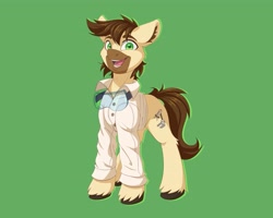 Size: 4096x3277 | Tagged: safe, artist:galinn-arts, oc, oc only, oc:calpain, species:earth pony, species:pony, g4, cheek fluff, clothing, coat, coat markings, colored eyebrows, colored hooves, ear fluff, floppy ears, goggles, green background, happy, hooves, lab coat, looking at you, male, open mouth, open smile, safety goggles, simple background, smiling, solo, stallion, unshorn fetlocks