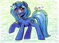 Size: 2046x1480 | Tagged: safe, artist:dandy, oc, oc only, species:pony, species:unicorn, g4, blep, colored, colored pencil drawing, colored sketch, complex background, cutie mark, horn, looking sideways, sketch, solo, tail, tongue out, traditional art