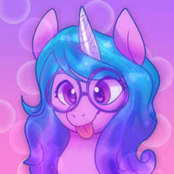 Size: 1000x1000 | Tagged: safe, artist:corvidcactus, character:izzy moonbow, species:pony, species:unicorn, g5, abstract background, blep, bust, cute, female, glasses, gradient background, gradient hair, izzybetes, mare, multicolored hair, portrait, solo, tongue out