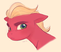 Size: 2823x2436 | Tagged: safe, artist:imalou, character:sprout, species:earth pony, species:pony, g5, my little pony: a new generation, bust, eyebrows, floppy ears, frown, green eyes, high res, looking at you, male, pink background, portrait, signature, simple background, solo, stallion