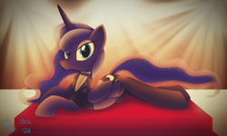 Size: 4914x2940 | Tagged: safe, artist:cosmikvek, character:princess luna, species:alicorn, species:pony, g4, belly button, bow tie, carpet, classy, clothing, female, high res, lights, looking at you, lying down, mare, prone, red carpet, smiling, smiling at you, socks, solo, suit, thigh highs, tuxedo