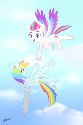 Size: 930x1400 | Tagged: safe, artist:sion, character:rainbow dash, character:zipp storm, species:pegasus, species:pony, ponytober, g4, g5, my little pony: a new generation, cloud, colored eyebrows, colored hooves, colored wings, duo, female, flying, g4 to g5, generation leap, hooves, looking at each other, mare, multicolored wings, open mouth, sky, spread wings, unshorn fetlocks, wings