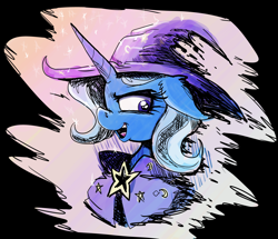 Size: 2314x1991 | Tagged: safe, artist:paskanaakka, derpibooru original, character:trixie, species:pony, species:unicorn, g4, bust, cape, clothing, ear fluff, explicit source, female, floppy ears, hat, looking back, mare, open mouth, portrait, solo, trixie's cape, trixie's hat, wizard hat